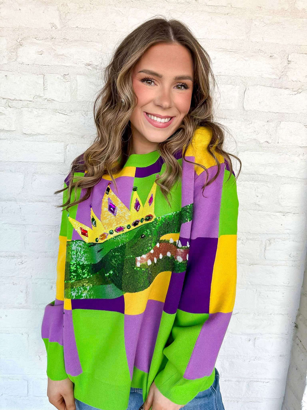 Queen Of Sparkles Mardi Gras Checkered Alligator Queen Sweater