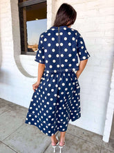 Load image into Gallery viewer, Fall Festivals Navy Polka Dot Top