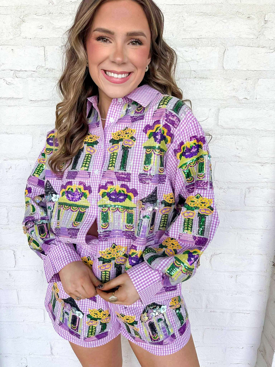 Queen Of Sparkles Diamond Mardi Gras Porches Button Up