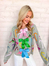 Load image into Gallery viewer, Queen Of Sparkles Grey Multi Candy Cane Multi Bow Sweater