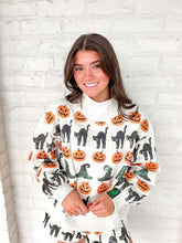 Load image into Gallery viewer, Queen Of Sparkles Light Gray Witch Hat, Pumpkin &amp; Cat Mock neck Sweatshirt
