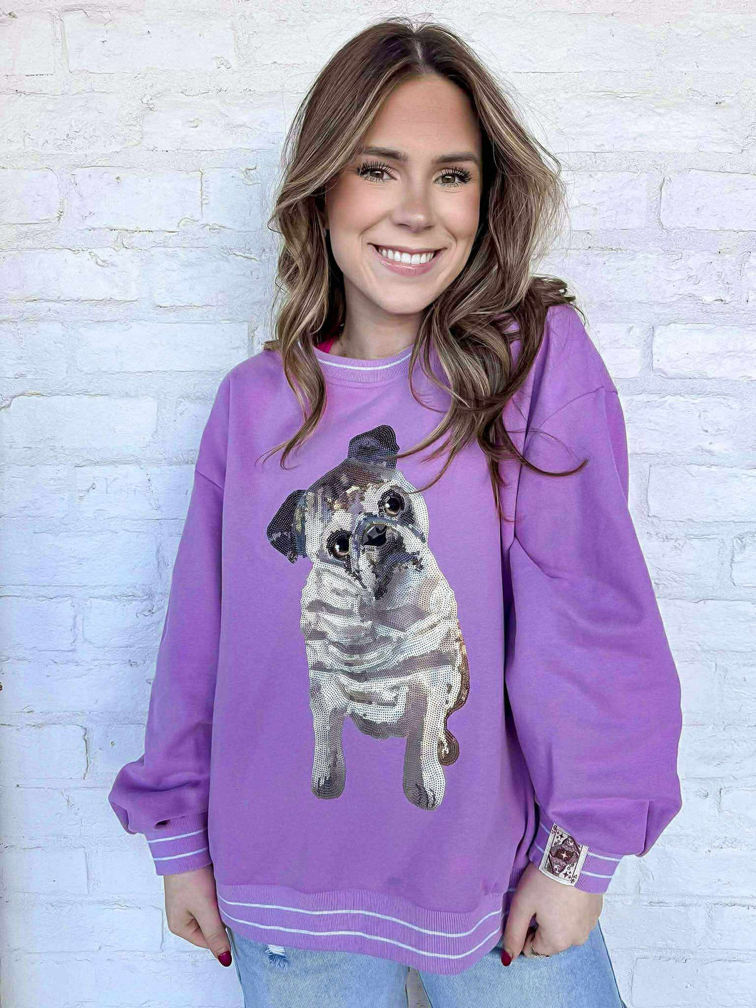 Queen Of Sparkles Light Purple Pug Sweatshirt