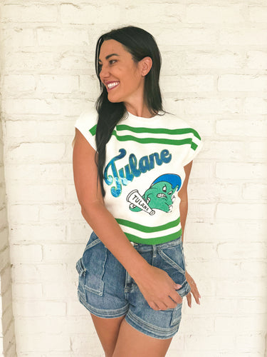 Queen Of Sparkles White & Green Tulane Striped Short Sleeve Top