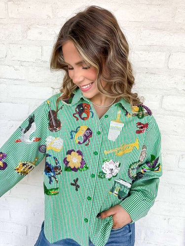 Queen Of Sparkles Green & White Gingham Mardi Gras Icon Top