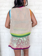 Load image into Gallery viewer, Queen Of Sparkles Ivory Rainbow Trim QOS Card Crochet Tank