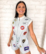 Load image into Gallery viewer, Queen Of Sparkles Chambray NASCAR Patch Tie Romper