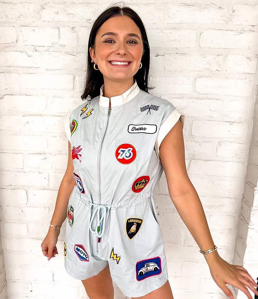 Queen Of Sparkles Chambray NASCAR Patch Tie Romper