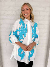 Load image into Gallery viewer, Queen Of Sparkles White &amp; Jeweled Turquoise Button Up Tunic