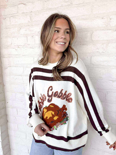 Queen of Sparkles Gobble Gobble Brown Stripe Long Sleeve