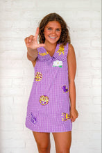 Load image into Gallery viewer, Queen Of Sparkles LSU Mini Icon Purple Gingham Collar Dress