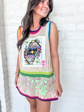 Load image into Gallery viewer, Queen Of Sparkles Ivory Rainbow Trim QOS Card Crochet Tank