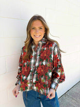 Load image into Gallery viewer, Queen Of Sparkles Red,Green, &amp; White Plaid Poinsettia Button Up Top