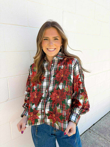 Queen Of Sparkles Red,Green, & White Plaid Poinsettia Button Up Top
