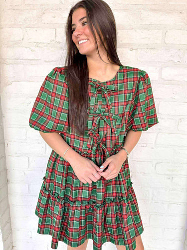 Queen Of Christmas Plaid Bow Dress Green