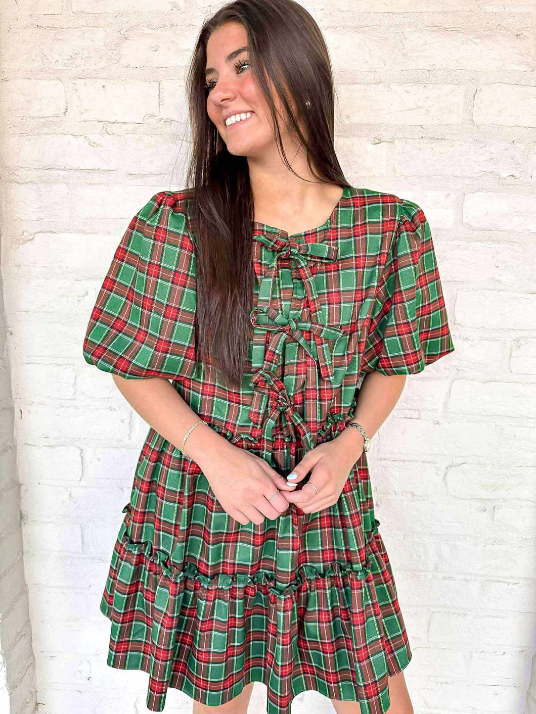 Queen Of Christmas Plaid Bow Dress Green