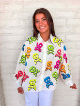 Load image into Gallery viewer, Queen Of Sparkles White Neon Multi Skull &amp; Crossbone Button Up Top