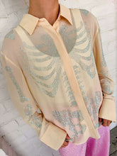 Load image into Gallery viewer, Queen Of Sparkles Beige Silk Rhinestone Skeleton Button Down Top