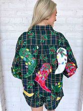 Load image into Gallery viewer, Queen Of Sparkles Dark Green Plaid Multi Christmas Cowboy Boots Button Up Top
