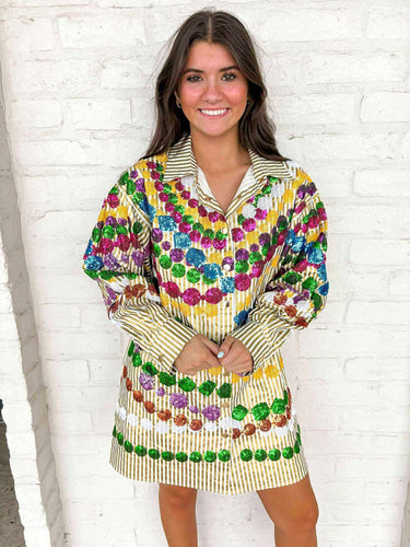 Queen Of Sparkles Gold Mega Bead Button Up Collar Dress
