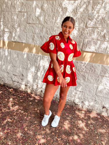 Queen Of Sparkles Red & Gold Football Romper