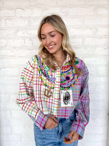 Queen Of Sparkles Colorblock Plaid Mardi Gras Beads Button Up Top