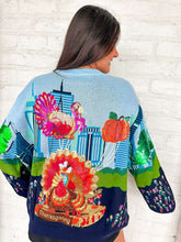 Load image into Gallery viewer, Queen Of Sparkles Multi Thanksgiving Parade Blue Sweater