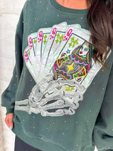 Load image into Gallery viewer, Queen Of Sparkles Charcoal Skeleton Holding Queen Cards Rhinestone Sweatshirt