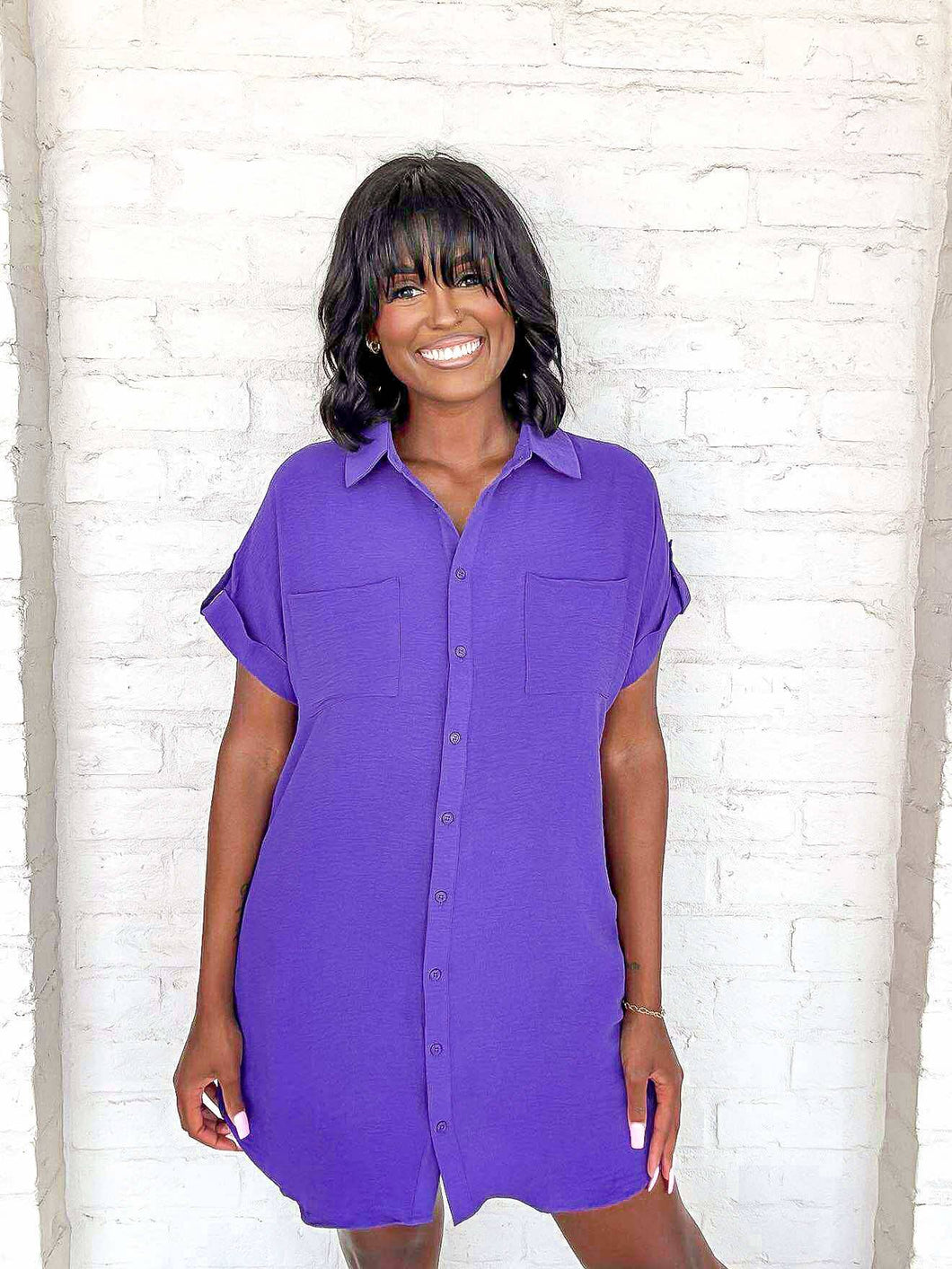 Drop Shoulder Button Up Shirt Dress Purple / M Drop Shoulder Button Up Shirt Dress Purple / M