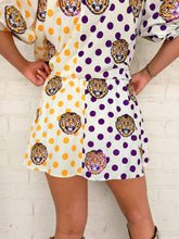 Load image into Gallery viewer, Queen Of Sparkles Licensed LSU Mascot Polka Dot Colorblock Skort