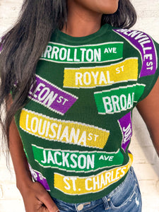 Queen Of Sparkles Nola Street Signs Dark Green Knit Top