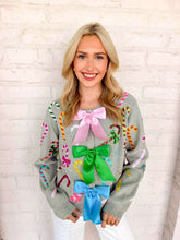 Load image into Gallery viewer, Queen Of Sparkles Grey Multi Candy Cane Multi Bow Sweater