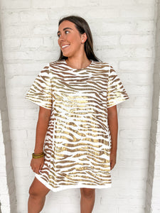 Queen Of Sparkles White With Gold Tiger Short Sleeve Denim Dress
