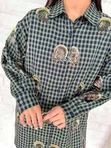 Queen Of Sparkles Navy Plaid Scattered Turkey Button Up Dress