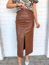 Load image into Gallery viewer, Been There Cognac Leather Midi Skirt