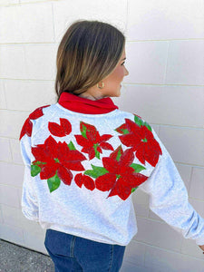 Queen Of Sparkles Grey And Red Collar Poinsettia Sweatshirt