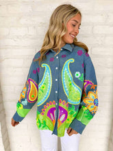 Load image into Gallery viewer, Queen Of Sparkles Denim &amp; Neon Paisley Print Button Up Long Sleeve