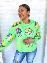 Load image into Gallery viewer, Queen Of Sparkles Scattered Green Mardi Gras Mask sweatshirt