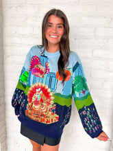 Load image into Gallery viewer, Queen Of Sparkles Multi Thanksgiving Parade Blue Sweater