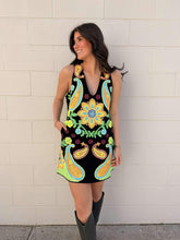 Load image into Gallery viewer, Queen Of Sparkles Black &amp; Neon Paisley Print V Neck Dress