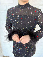 Load image into Gallery viewer, Queen Of Sparkles Black Feather Multi Rhinestone Sequin Romper