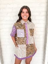 Load image into Gallery viewer, Queen Of Sparkles Purple, Yellow, &amp; Tiger Colorblock Sequin Pocket Top