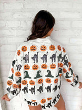 Load image into Gallery viewer, Queen Of Sparkles Light Gray Witch Hat, Pumpkin &amp; Cat Mock neck Sweatshirt