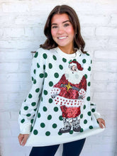 Load image into Gallery viewer, Queen Of Sparkles White &amp; Green Polka Dot Sequin Santa Sweater