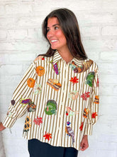 Load image into Gallery viewer, Queen Of Sparkles Beige Striped Thanksgiving Icon Button Up