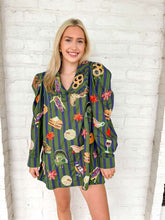 Load image into Gallery viewer, Queen Of Sparkles Dark Green &amp; Blue Striped Thanksgiving Icon Collar Dress