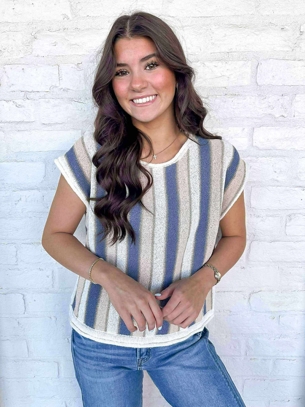 Excitement Overload Taupe & Blue Sweater