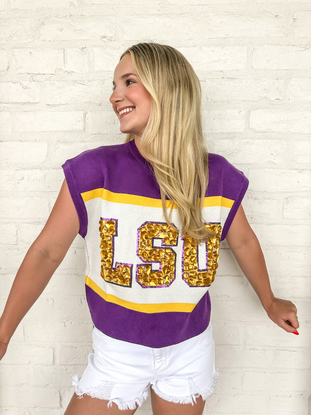 Queen Of Sparkles Licensed LSU Color block Jewel Letter Short Sleeve Sweater