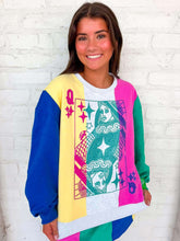 Load image into Gallery viewer, Queen Of Sparkles Multi Colorblock Stripe QOS Card Logo Sweatshirt