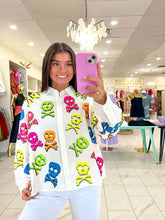 Load image into Gallery viewer, Queen Of Sparkles White Neon Multi Skull &amp; Crossbone Button Up Top