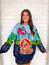 Load image into Gallery viewer, Queen Of Sparkles Multi Thanksgiving Parade Blue Sweater